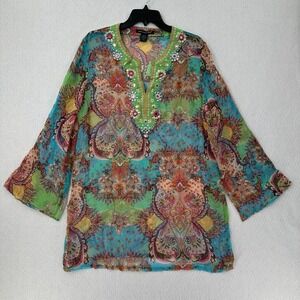 Saint Tropez West 100% SILK Sheer Tunic SIZE XL‎ Top Artsy Floral Beaded